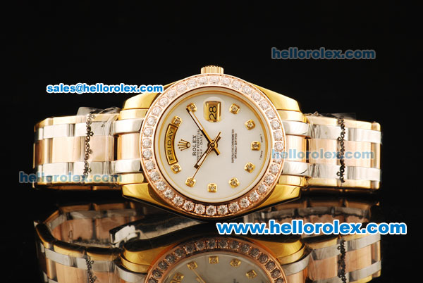 Rolex Day-Date Oyster Perpetual Three Tone with White Dial and Diamond Bezel/Marking - Click Image to Close